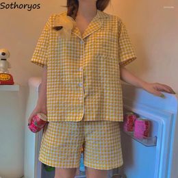 Women's Sleepwear Women Plaid Pajama Sets Sweet Short Sleeve Tops Shorts Loose Cozy Students Trendy Lovely Home Femme Lounge -arrival
