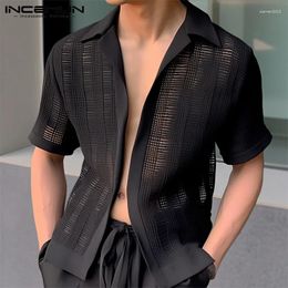 Men's Casual Shirts Handsome Well Fitting Tops INCERUN Checkered Mesh Slightly Perspective Male Thin Short Sleeved Blouse S-5XL