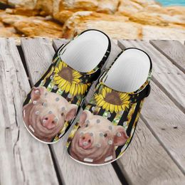 Slippers ELVISWORDS Cute Pig With Sunflower Breathable Hole Flats Shoes For Women Flag Design Outdoor Non-slip Sandals Walk Shoe