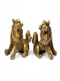 Lucky Chinese Fengshui Pure Brass Guardian Foo Fu Dog Lion Statue Pair3689273