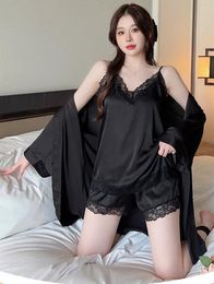 Home Clothing 3 Piece Women Lace Trim Robe Sling Shorts Pajamas Set Satin Sleepwear Lingerie Femme Nightwear Pijamas Suit Homewear