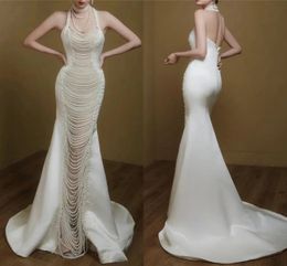 Luxury Mermaid Evening Prom Dress Sleeveless High Neck Pearls Halter Appliques Sparkly Sequins Beaded Bridal Gowns Custom Made BC18820