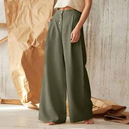 Women's Pants Women Wide Casual Solid Ladies Leg High Waist Cotton Colour Button Plus Size Loose Elegant Clothing