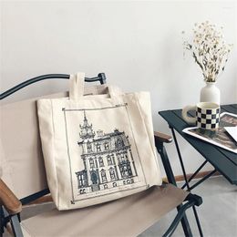 Shopping Bags Women Retro Canvas Shoulder Bag Architectural Sketch Oil Painting Books Harajuku Ulzzang Japanese Handbags Tote