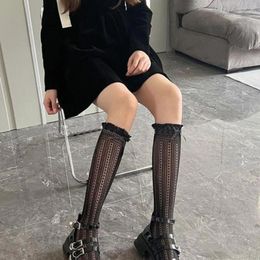 Women Socks Retro Bow Calf Pile Japanese College Style Lace Long For Lolita Shirring Edge Hollow Out Design Cosplay