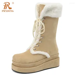 Boots PRXDONG INS Brand Autumn Winter Warm Snow Med Wedges Heels Platform Apricot Brown Lace Up Dress Casual Lady Shoes 39