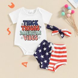 Clothing Sets Baby Girl 4th Of July Outfit Letter Print Short Sleeve Romper With Stripe Star Shorts And Headband 3Pcs Toddler Summer Set