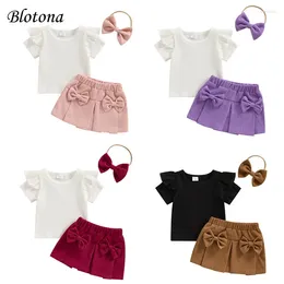 Clothing Sets Blotona Baby Girls 3Pcs Outfit Solid Colour Short Sleeve T-shirt With Corduroy Pleated Skirt Bow Headband Summer Outfits 3-24M