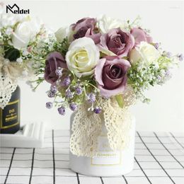 Decorative Flowers Small Bouquet Silk Rose Gypsophila Artificial Wedding Bridal Flore Home Table Wall Decor Simulation Mixed Flores