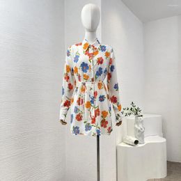 Casual Dresses Spring Summer Collection White Flowers Print Long Sleeve Self Tie Belt Shirt Mini Dress For Women