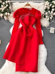 Party Dresses Harajpee Early Spring Red Dress Women Design Nail Bead Lace Long Sleeved Spliced European Style Hip Vestido