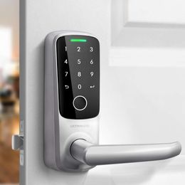 ULTRALOQ Latch 5, the World's First Built-in Wifi Lock with Fingerprint Recognition, 5-in-1 Keyless Entrance Keyboard Handle Front Door Smart Lever Lock, Satin