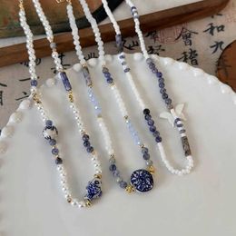 Pendant Necklaces Minar Chinese Style Blue and White Porcelain Ceramic Pearl Flower Coin Fish Butterfly Strand Beaded Chokers Necklaces for Women