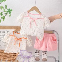 Clothing Sets Born Baby Girl Outfits Casual Printed Short Sleeved Bow Shirt Shorts Summer Clothes For Kids 2Pcs Suits