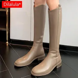 Boots Dilalula Fashion Concise Women Knee High Splicing Genuine Leather Low Heels Back Zipper Shoes Woman Casual Long