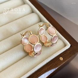 Hoop Earrings Sweet Girls' Pink Round Opals 2024 Design Jewelry Luxury Accessories Suitable For Women's Daily Wear
