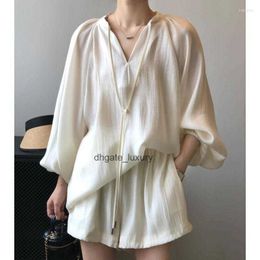 Womens Tracksuits Chiffon Solid 2 Pieces Women Shorts Sets Loose Lantern Sleeved Blouse And Wide Leg Elegant Office Lady Clothing