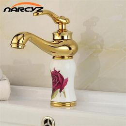 Bathroom Sink Faucets Gold Plated Luxury Single Hole White Ceramic Red Rose Basin 1005