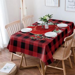 Table Cloth Christmas Bird Berry Red Plaid Winter Rectangle Tablecloth Festival Party Navidad Decoration Waterproof Round Cover