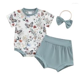 Clothing Sets Born Baby Girl Clothes Butterfly Floral Print Romper Bodysuit Solid Bloomers Shorts Headband Retro Infant Outfit