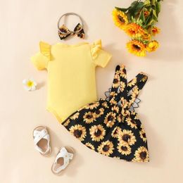 Clothing Sets Baby Girls Spring Outfits Short Sleeve Romper Sunflower Suspender Skirt Headband Set Born 3 Piece Clothes