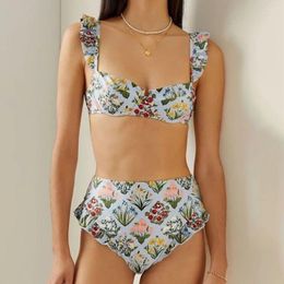 Women's Swimwear Sexy Printed Bikini Ruffle Swimsuit Two-piece Push Up High Waist Triangle Swimming Biquini Beach Dress Summer Beachwear