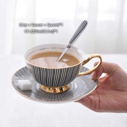 Cups Saucers Bone China Tea Cup Saucer Spoon Set 200ml Elegant Gray Coffee Cup Gold Porcelain Tea Set Ceramic Teacup Cafe Espresso Cup