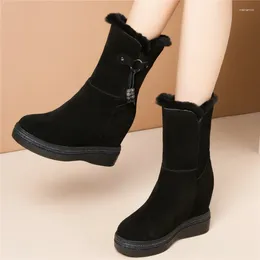 Boots High Top Creepers Women Genuine Leather Hidden Wedges Heel Snow Female Winter Warm Round Toe Pumps Shoe Casual Shoes