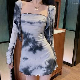 Work Dresses WDMSNA Tie-dyed Tube Top Sling Dress Female Autumn Sexy Slim Bodycon Long Sleeve Shirt 2 Piece Sets Womens Outfits