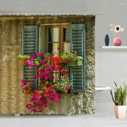 Shower Curtains European Style Retro Street Curtain Wooden Door Window Country Scenery Sunshine Flowers Green Plants Hanging With Hooks