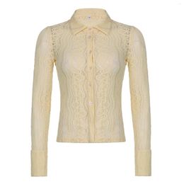 Women's Blouses Women Fairycore Solid Cute Lace Y2K Shirts See Through Elegant Sexy Long Sleeve Tops Single Breasted