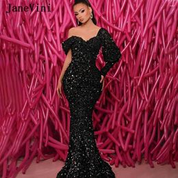 Party Dresses JaneVini Dubai Design Black One Shoulder Long Sleeve Evening 2024 Strapless Beading Sequined Luxury Mermaid Formal Dress