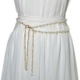 Waist Chain Belts Fashionable and elegant womens imitation pearl belt alloy chain white clothing accessories Q240511