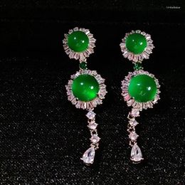 Dangle Earrings Wholesale 925 Silver Plated Full Diamond Inlaid Green Chalcedony Ball Type Agate EarringsEarrings
