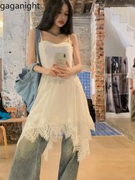 Casual Dresses Gaganight Women White Lace Irregular Strap Dress 2024 Women's Summer Chic Fairy Sweet Slim Fit Waist A Line Short