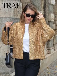 Women's Jackets 2024 Women Fashion Big Sequins Golden Coat Stand Collar Vintage Loose Pockets Cropped Jacket Woman High Street Outwear