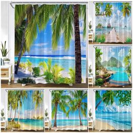 Shower Curtains Ocean Beach Curtain Tropical Plant Palm Trees Sea Waves Nature Landscape Home Wall Hanging Fabric Bathroom Decor