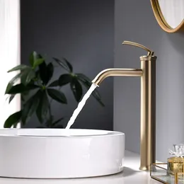 Bathroom Sink Faucets Luxury Fashion Brass Faucet Brushed Gold Top Quality Copper Basin Mixer Cold Water Bath Tap Single Hole