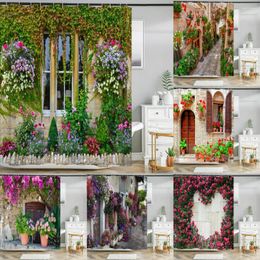 Shower Curtains 3D European Town Street Garden Flowers Scenery Curtain Waterproof Bathroom Home Background Wall Decor