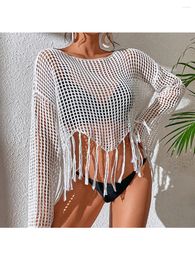 See Through Hollow Out Bikini Cover Ups Tops Women Beachwear Flared Long Sleeve Tassel Smock Crop Swimsuit Cover-Up