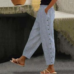 Women's Pants Women Long Striped Print Loose Fit With Elastic Waistband Side Buttons Pockets For Summer Trousers