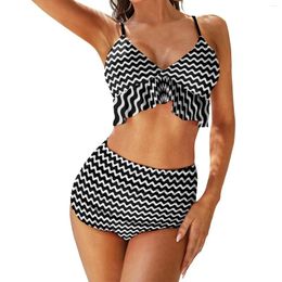 Women's Swimwear Waves Bikini Swimsuit Black And White Striped High Waist Sexy Stylish Set Push Up Feminine Bikinis Gift Idea