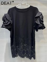 Women's T Shirts T-shirt O-neck Loose Patchwork Design Lace Flowers Short Sleeve Solid Colour Tops 2024 Summer Fashion 29L7331