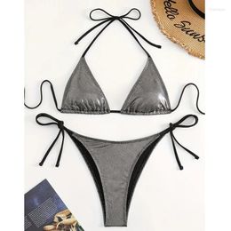 Women's Swimwear 2 Piece Bathing Suit Glitter Triangle Top Tie Side Thong Swimsuits Bikini Set