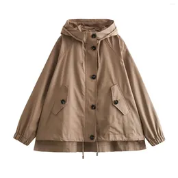 Women's Jackets Maxdutti Fashion Khaki Cargo Autumn/Winter Coat Loose Boyfriend Style Hooded Drawstring Zipper Bomber Jacket Women
