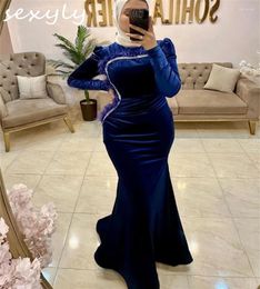 Party Dresses Vintage Blue Muslim Evening Dress With Feather Elegant Mermaid Long Sleeve Prom Velvet Floor Length Special Occasion