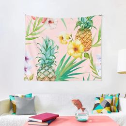 Tapestries Hawaii | Vintage Tropical Botanical Jungle Floral Watercolor Blush Pastel Pineapple Palm Painting Tapestry