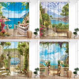 Shower Curtains Seaside Town Scenic Curtain Ocean Nature Beach Botanical Flower Street Scenery Polyester Fabric Bathroom Decor