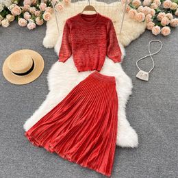 Work Dresses Women Knitted Two Piece Set O-neck Half Sleeve Pullover Sweater Top And Elastic Waist Midi Calf Pleated Skirt Suits