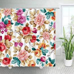 Shower Curtains Floral Creative Pink Red Flowers Plants Green Leaves Printing Fabric Home Decor Bathroom Curtain Sets With Hooks